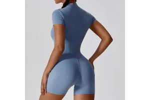 Women's Plaid Pattern Sports Jumpsuit Full Sleeves Short Length Breathable Material with Zip Bodysuit
