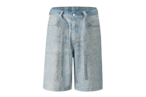Unisex High Street Style Straight Denim Shinny Shorts Breathable Sun Faded Rhinestone Vintage Casual for Men Women Summer Trends