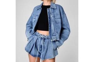 2025 Tooling Style Outdoor Denim Jacket Women's High Waist Loose Short 2 Pieces Set Fashion