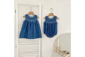 2026 Girls Denim Skirt Summer Korean Children's Clothing Sleeveless Dress Infant Girls Baby Jumpsuit Romper Sister Outfit