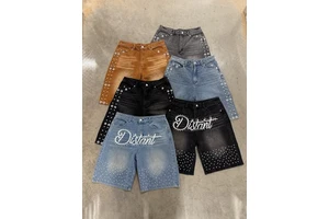 Custom Summer Breathable Straight Mid Waist Crystal Rhinestone Stonewashed Vintage Oversize Cargo Denim Shorts for Men