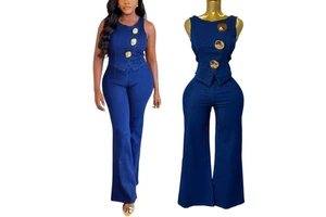 Y6631 Fashion Women's Denim Sets Sleeveless Metal Buckle Denim Tops and Wide Leg Jeans Pant 2 Piece Set Pants Set With Zipper
