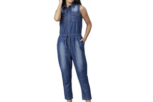 Custom Design Plain Color Crop Top Ladies Denim Suit Slim Fit Blue Color Patchwork 2 Piece Denim Jeans Set Women