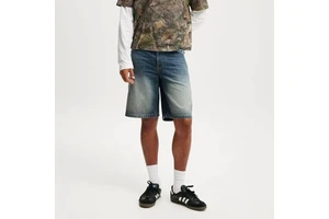 ZY Custom Logo Men's Baggy Denim Shorts 14oz 100% Cotton Blue Washed Mid Waist Casual Men loose Jorts denim jean shorts for men