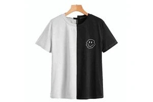 Women's Custom Printed Black White Contrast Casual Summer Short Sleeve T-Shirts Made to Order Denim Terry Fabric Breathable