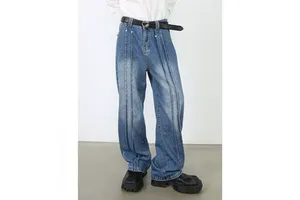 Men's Vintage Relaxed-Fit Straight-Leg Mid Waist Breathable Washed Denim Jeans Designer-Inspired High-Street Wide-Leg Pants