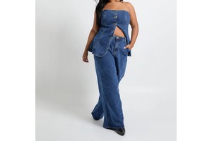 Custom Plus Size Women's High Waist Wide Leg Denim Jeans With Button Fly Stonewashed Blue Casual Spring Style Women Denim Pants