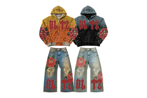 Conjuntos Oversize Para Hombre Custom Applique Embroidery Rhinestone Graphic Zipper Hoodie And Baggy Jeans Pants Set For Men