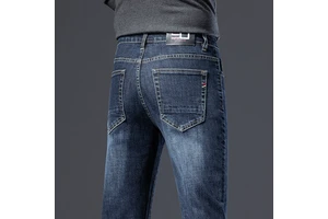 2026 New Arrivals Men's Slim-Fit Straight-Leg Jeans Medium Wash Lightweight Stretchy Casual Trousers Mid-Rise Denim