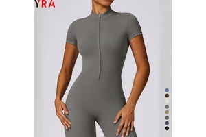 Women's Sports Jumpsuit Green Black One Piece Gym Fitness Yoga Bodysuit with Short Sleeves Wholesale Available