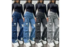 Women's High Waist Breathable Casual Streetwear Denim Cargo Jeans Regular Fit Straight-leg 100% Cotton High Quality Bangladesh