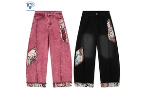 YUANBOFEI Men's Jeans High Quality Vintage Pigment Wash Ethnic Patchwork Fringe Men's Denim Shorts Wide Leg Loose Retro Street