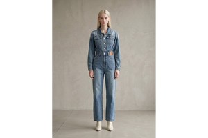 Wholesale Women Washed Denim Jumpsuit Long Sleeve Jacket Style Straight Leg One Piece Jeans