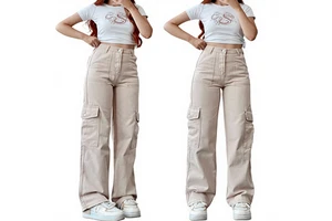 OEM Wholesale Women's Mid Waist Elastic Wide Leg Cargo Streetwear Loose Fit Heavyweight Fleece Garment Dyed Washed Full Length