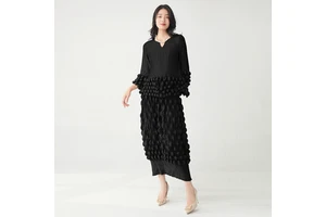 Fashionable Bubble Pleated Casual Women's Suit One Set Large-Sized Loose Top + Ankle-Length Striped Skirt Stand Collar 100%