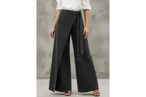 High Waisted Wide Leg Denim Pants Full Length Solid Black Cotton Wrap And Tie Casual Women's Jeans Autumn Style