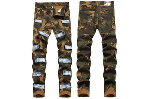 Men's Slim Stretch Stonewashed Denim Pants Embroidery Rivet Decoration Solid Camouflage Hip Hop Utility Straight-Barrel Design