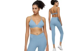 M069 Women's Casual Sport Yoga Bra High Stretch Spandex Light Support Deep V Triangle Cup Padded Spaghetti Strap Breathable