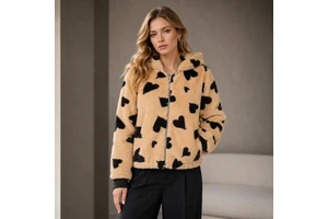 Women's Fashion Western Autumn/Winter New Plush Heart Print Loose Zipper Cardigan Jacket
