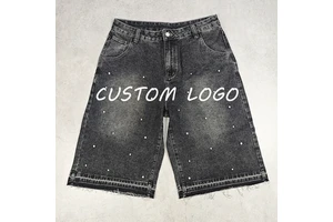 2025 New Washed Denim Shorts Custom Men's Street Wear Loose Denim Shorts Custom Embroidery/Inlaid Diamonds