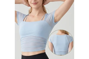 Chic Double Straps 2 in 1 Lightweight Seamless Yoga Top Padded Short Sleeve Mesh Slim Fit Ruched Running Workout Crop Tee