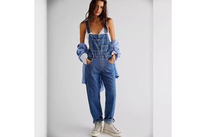 European American Women's Casual Washed Loose Denim Overalls with Button Decoration Cross-Border Source Imported Logo on Waist