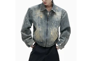 Custom High Quality 100% Cotton Denim Jacket for Men Winter Work Coat with Front Logo Position Windproof Thick Turn-down Collar