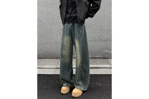 Retro Scimitar Denim Men's Autumn Winter American Style Straight Loose Mid Waist Medium Wash Wide Leg Casual Trousers
