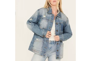 LARSUR Custom Factory Distress Wash Denim Jacket Ripped Button up Casual Long Sleeves Jeans Jacket and Coats for Women