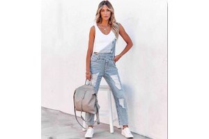Women's Fashion Streetwear Regular Fit High Waist Washed Denim Multi-pocket Casual Wide Leg Summer Overalls and Jumpsuits
