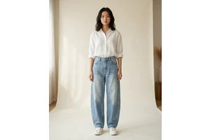 Women High Waist Curved Leg Jeans Barrel Fit Cotton Denim Pants Casual Trousers Wholesale