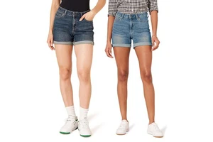 Women's High Waist Regular Fit Stretch Denim Shorts | Breathable Cotton Blend Casual Hot Shorts with Rolled Cuffs Hole Detail