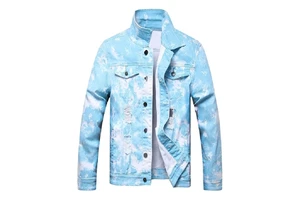 2025 Men's Cotton/Polyester Blue Distressed Patchwork Denim Jacket & Slim Jean Jacket with Ripped Design Acid Washed Winter