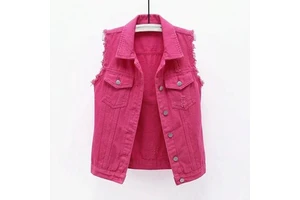T26145 Chest Big Pocket Button Denim Vest Women's Summer Casual Loose Fit Sleeveless Windproof Breathable Jacket