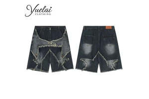 Manufacture Custom Reverse Men's Gothic Retro Hip Hop Baggy Denim Shorts Sun Fade Street Acid Washed Straight Jorts