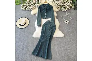 New Casual Women'S Set Vintage Denim Suit Slim Short + High-Waisted Fishtail Skirt Two-Piece Set