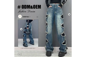 High Quality Washed Wome's Denim Pants Custom High Quality Holes Hip Pop Baggy Denim Pants Women Loose Distressed Straight Jeans