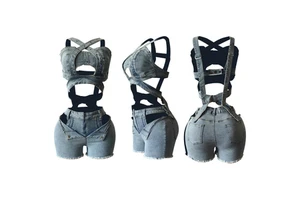 MZ88637 2025 New Women Clothing Summer Casual Denim Vest Shorts Suit Strapless Stretchy Skinny Fit Women Two Pieces Short Set