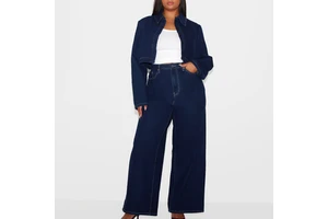 Plus Size Women's Mid Waist Dark Blue Wide Leg Denim Pants Summer Distressed Full Length Loose Fit Casual Style Pockets Button