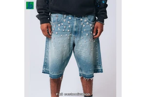 Streetwear Custom Men's Cotton Vintage Wash Baggy Rhinestone Jeans Denim Shorts Man