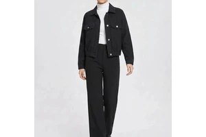 Wholesale Women Black Cropped Denim Eco-Friendly Jacket Workwear Style Utility Cargo Coat Pockets Custom Streetwear Silk Lining