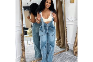 Summer Fashion Casual Stretch Loose Wide Leg Denim Jumpsuit Denim Overalls Women Jeans Bib