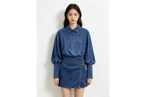 Women Denim 2 Piece Outfit Lantern Sleeve Button Down Shirt + Wrap Skort Shorts Set Casual Daily Jean Two Piece Suit