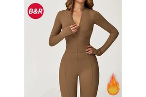 One Piece Stand up Collar Zipper Warm Long Sleeved Jumpsuit Outdoor Casual Sports Fitness Suit 5050