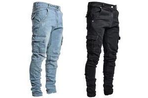 Men's Casual Trousers Worn Out Large Size Clothing Slim Fit Tight Micro-elastic Cargo Fat Jeans Men