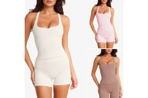 Cross-border Womens Yoga Tank Top Solid Spandex/Nylon V-neck Mid-Waist Front Chest Pads Sheer Feel High Stretch Quick-Drying