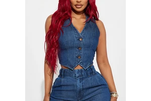 Plus Size Denim Vest Women Dark Blue Sleeveless Jean Waistcoat V Neck Cropped Top Retro Streetwear Vintage Clothing Custom