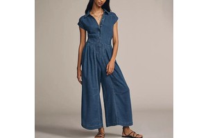Women's Casual Solid Jeans Jumpsuit Sleeveless Button Front Pleated Ribbed Overalls Elastic High Waist Wide Legs Fashion