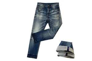 YAXI Manufacturer High Quality Men's Distressed Jeans Hot Selling Vintage Selvedge Denim Mid Waist Straight Trousers 100% Cotton
