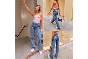 European and American Foreign Trade Cross-border High Waist Casual Bow Straight Denim Trousers for Women